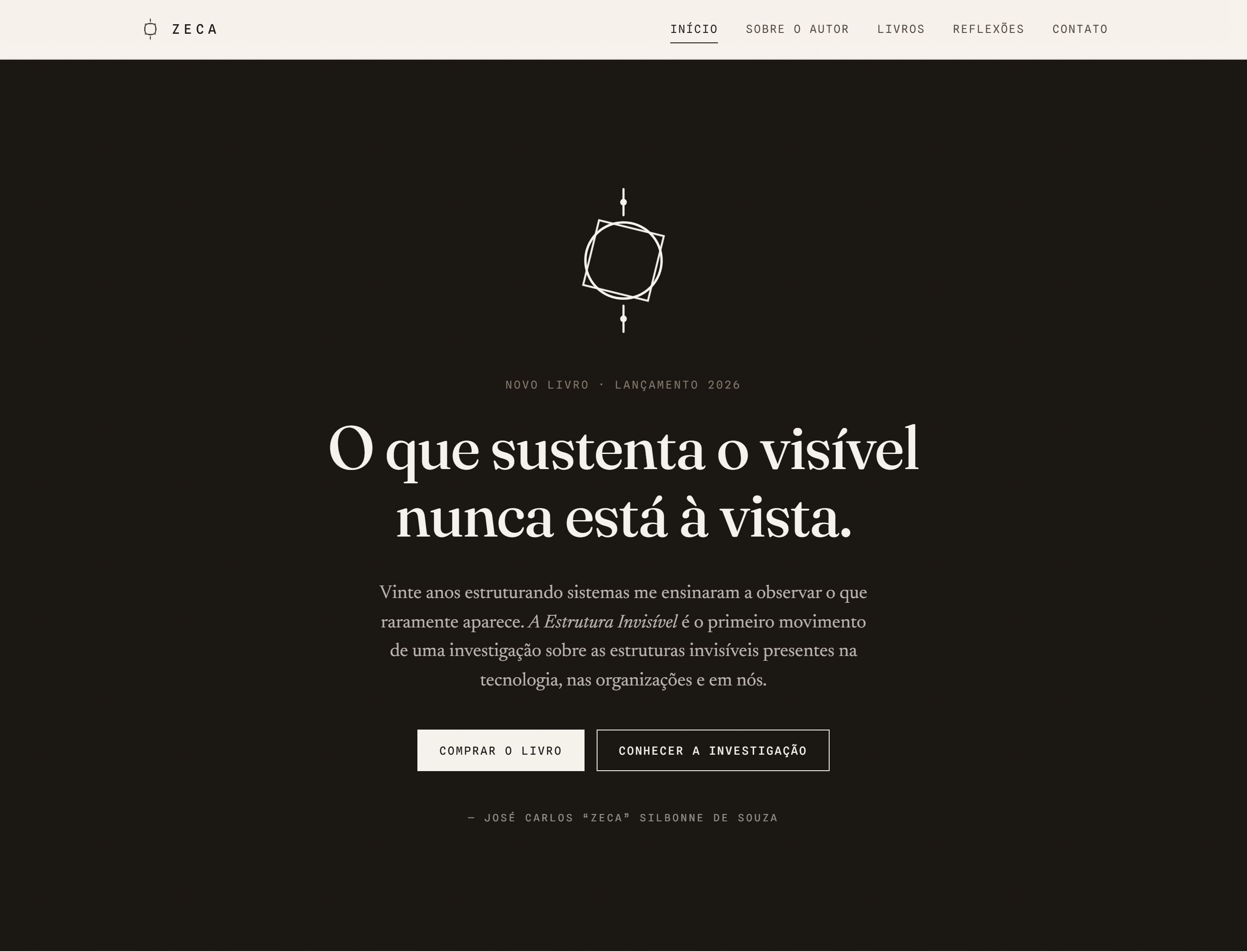 Home do site no desktop: o lançamento de A Estrutura Invisível