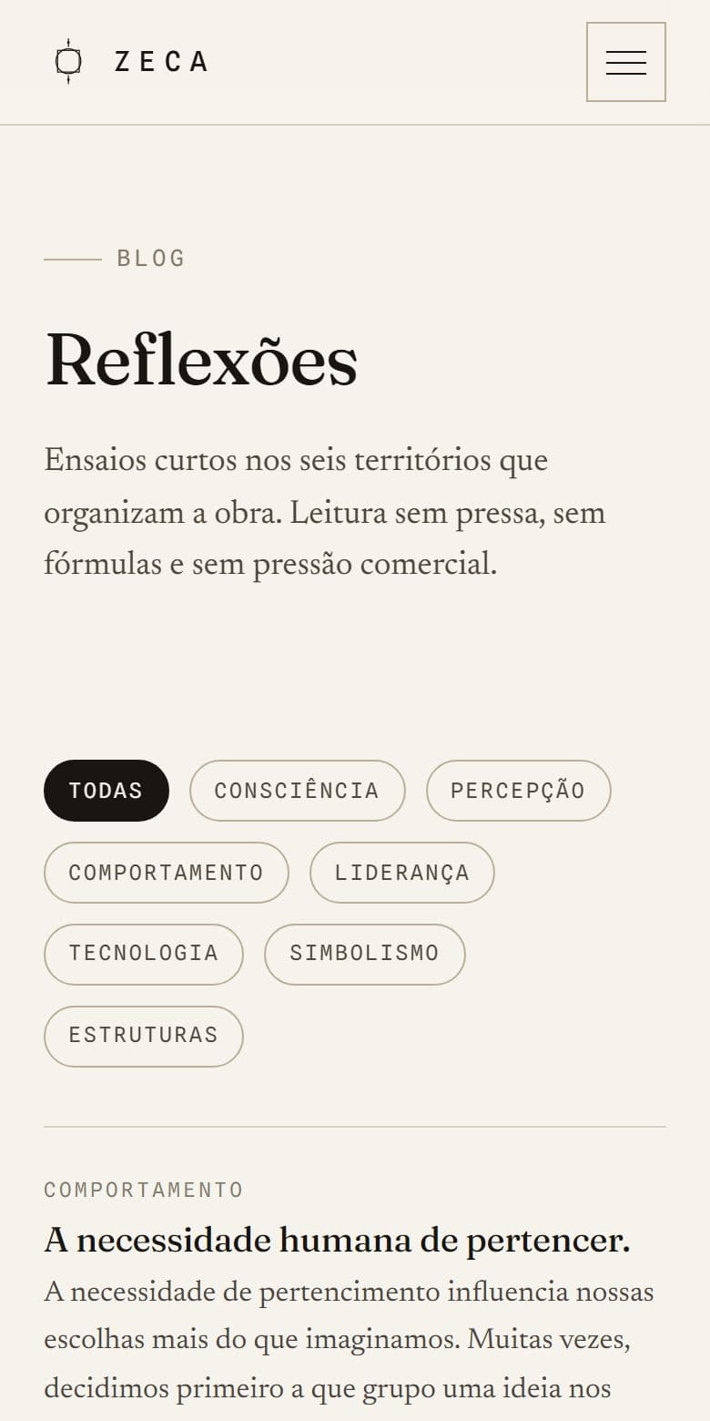 Página de Reflexões no celular, com os filtros por tema